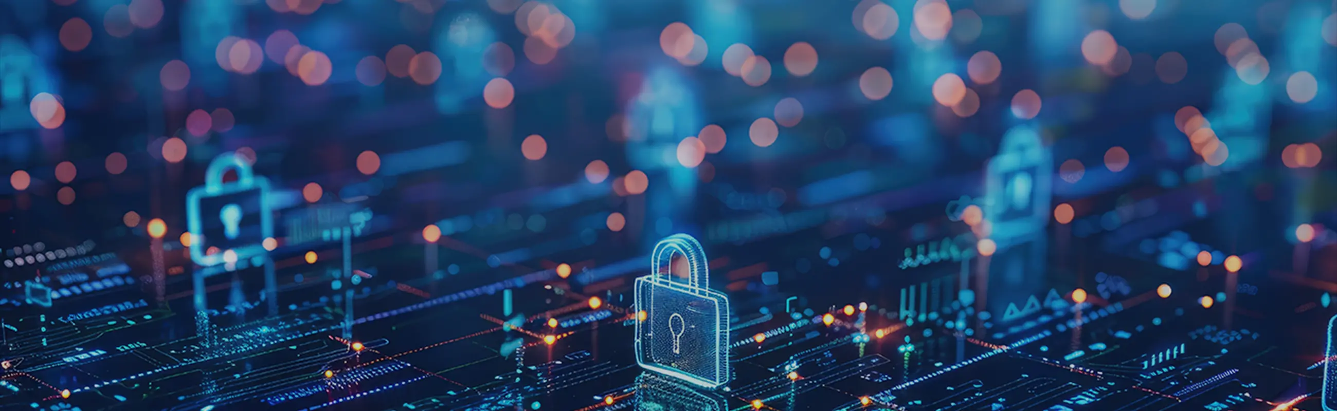 デジタル回路上に複数の鍵アイコンが表示され、サイバーセキュリティの概念を表現